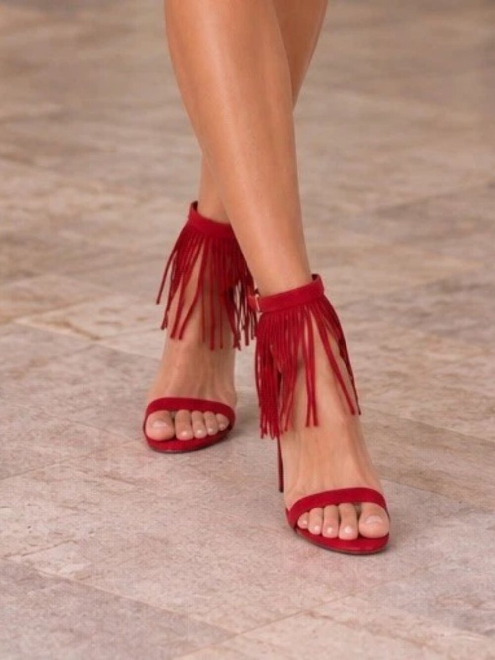 Stuart Weitzman Lovefringe Red Suede Fringe Sandals Stiletto Pumps Size 6
